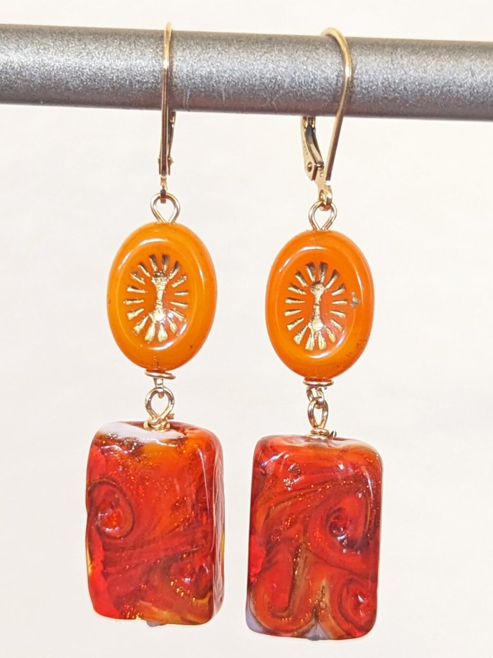 14K Gold Filled Orange Swirl Glitter Lampwork Glass Dangle Earrings